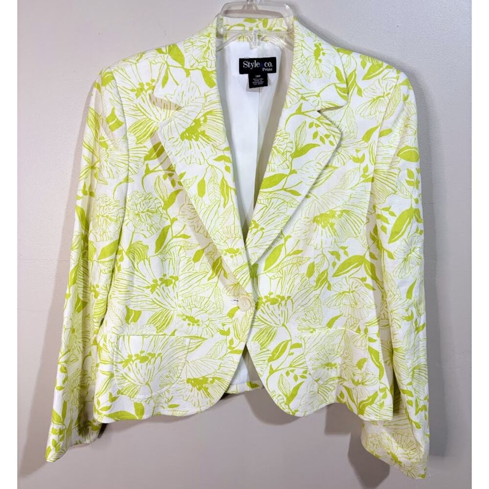 Style & Co Womens Green Floral Linen Blazer‎ Petite Size 14